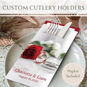 Personalisierte Hochzeitsbesteckhalter mit Premium-Servietten | Empfang, Bridal Shower Decor, Ideen, Design, Verlobung, Geschirr, Kuchen