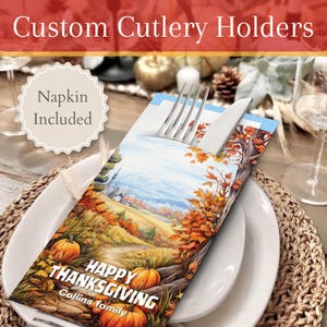 Personalisierte Thanksgiving-Besteckhalter mit Premium-Servietten | Abendessen, Design, Tischbild, Geschenk, Ideen, Dekor, Karten, Andenken, Einladung