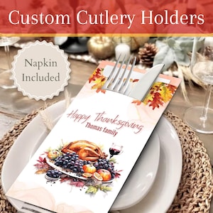Personalisierte Thanksgiving-Besteckhalter mit Premium-Servietten | Abendessen, Design, Tischbild, Geschenk, Ideen, Dekor, Karten, Andenken, Einladung
