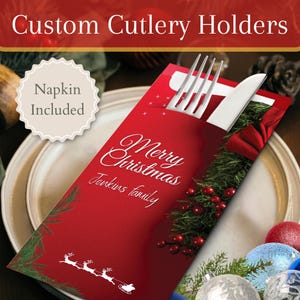Personalisierte Weihnachtsbesteckhalter mit Premium-Servietten | Tischbild, Ideen, Tischdekoration, Andenken, Herbstdekoration, Weihnachtsfeier
