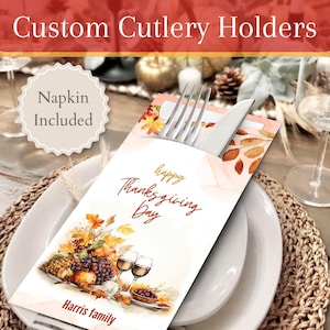 Personalisierte Thanksgiving-Besteckhalter mit Premium-Servietten | Abendessen, Design, Tischbild, Geschenk, Ideen, Dekor, Karten, Andenken, Einladung