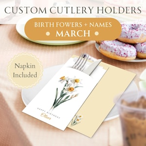 Personalisierte Geburtsblumenbesteckhalter mit Premium-Servietten, alles Gute zum Geburtstag-Partydekor, Oma-Geburtsmonat, Muttertagsgeschenkgeschirr