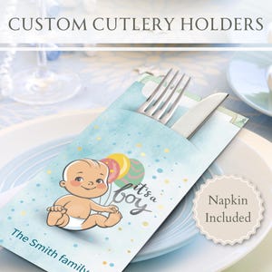 Personalisierte Babypartybesteckhalter mit Premium-Servietten | Party Decor, Ideen, Design, Geschirr, Feier, Geschenk, Lieferungen, Andenken