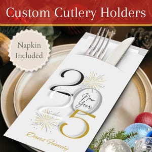 Personalisierte Silvesterbesteckhalter mit Premium-Servietten | Silvester, Abendessen, Design, Geschenk, Ideen, Dekor, Utensil, Andenken, Einladung