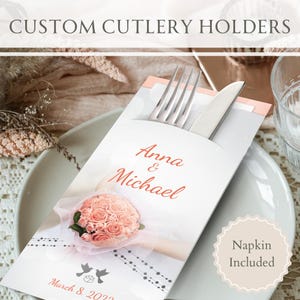Personalisierte Hochzeitsbesteckhalter mit Premium-Servietten | Empfang, Bridal Shower Decor, Ideen, Design, Verlobung, Geschirr, Kuchen