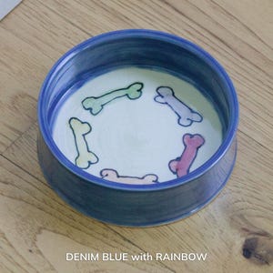 Dog Food Bowl / Pet Water Dish / Small Dogs / Circle of Bones / Denim Blue / Rainbow / 6 Inch Round / Gift for Dog / Gift for Dog Owner