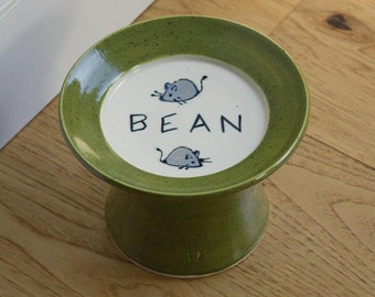 Cat Food Saucer on Pedestal / Ergonomic Food Dish / Elevated Cat Bowl / Personalized / Choice of Colors / Mice Pattern / Gift for Cat