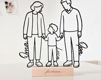 Könnte beinhalten: Eine schwarze Drahtsilhouette von zwei Erwachsenen und einem Kind, die zusammenstehen und auf einem hellen Holzsockel montiert sind. Die Figuren sind mit den Schriftzügen Oma, Luca und Opa versehen. Der Holzsockel trägt den Text für immer.