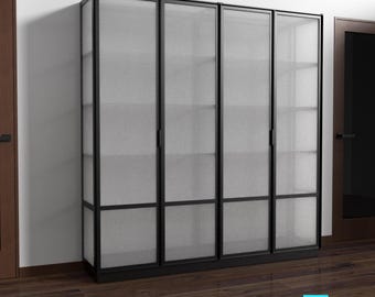 Vitrina industrial de acero negro y cristal, estilo moderno