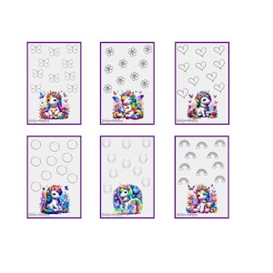 May include: Six purple rectangular cards with different designs. The designs include butterflies, flowers, hearts, circles, horseshoes, and rainbows. Each card features a colorful unicorn illustration with a teddy bear.