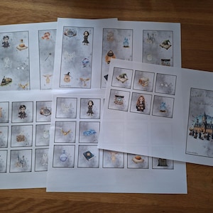 May include: Printed sheets featuring illustrations from the Harry Potter series. The sheets display images of characters, objects, and scenes from the books and films, arranged in a grid. The text "Harry Potter Spaarbox" is visible on one sheet.