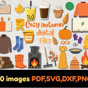 Automne douillet Fichiers numériques, SVG PNG DXF, Clipart, fichiers coupés, imprimable, Cricut, citrouille, café, Hygge, calme, feuilles, pull, bougies, automne