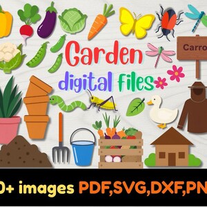 Arquivos digitais de jardim, SVG PNG DXF, clipart, arquivos de corte, Cricut, botânico, primavera, estufa, vegetais, flores, ferramentas de jardim, plantas