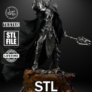 A towering armored warlord with a spiked crown raises his gauntlet toward the sky. His cape flows over black iron armor. He stands atop a rocky base scattered with skulls and shattered weapons, evoking fear and power in a cinematic villainous pose.