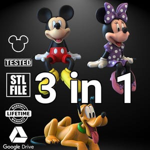 May include: A digital image featuring 3D models of Mickey Mouse, Minnie Mouse, and Pluto. Mickey Mouse is in red shorts and yellow shoes. Minnie Mouse wears a purple polka-dot dress and bow. Pluto is lying down. The image includes the text "3 in 1" and "STL ARCHIVE 3D".
