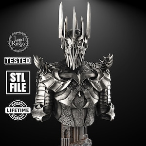 May include: A detailed, metallic bust of a character from "The Lord of the Rings." The bust features intricate armor and a tall, spiked crown. The image includes the text "TESTED," "STL FILE," and "LIFETIME WARRANTY."