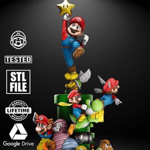 May include: A detailed 3D-printed figurine featuring characters from the Super Mario Bros. video game series. Mario is reaching for a golden star, with other characters like Yoshi and Goomba. The base has the text "STL ARCHIVE 3D".