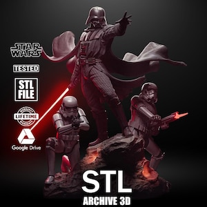 Könnte beinhalten: Detailliertes 3D-Modell mit Darth Vader und zwei Sturmtruppen, mit rotem Lichtschwert und Blaster. Die Star Wars-Skulptur steht auf einem felsigen Sockel, mit dem Text "STL Archive 3D" unten.