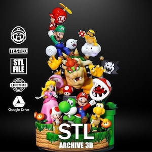 May include: A colorful 3D-printed figurine featuring characters from the Super Mario video game series. The figurine includes Mario, Luigi, Princess Peach, Yoshi, Bowser, and other iconic characters. The base has the text "STL ARCHIVE 3D".