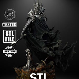 A towering armored warlord with a spiked crown raises his gauntlet toward the sky. His cape flows over black iron armor. He stands atop a rocky base scattered with skulls and shattered weapons, evoking fear and power in a cinematic villainous pose.