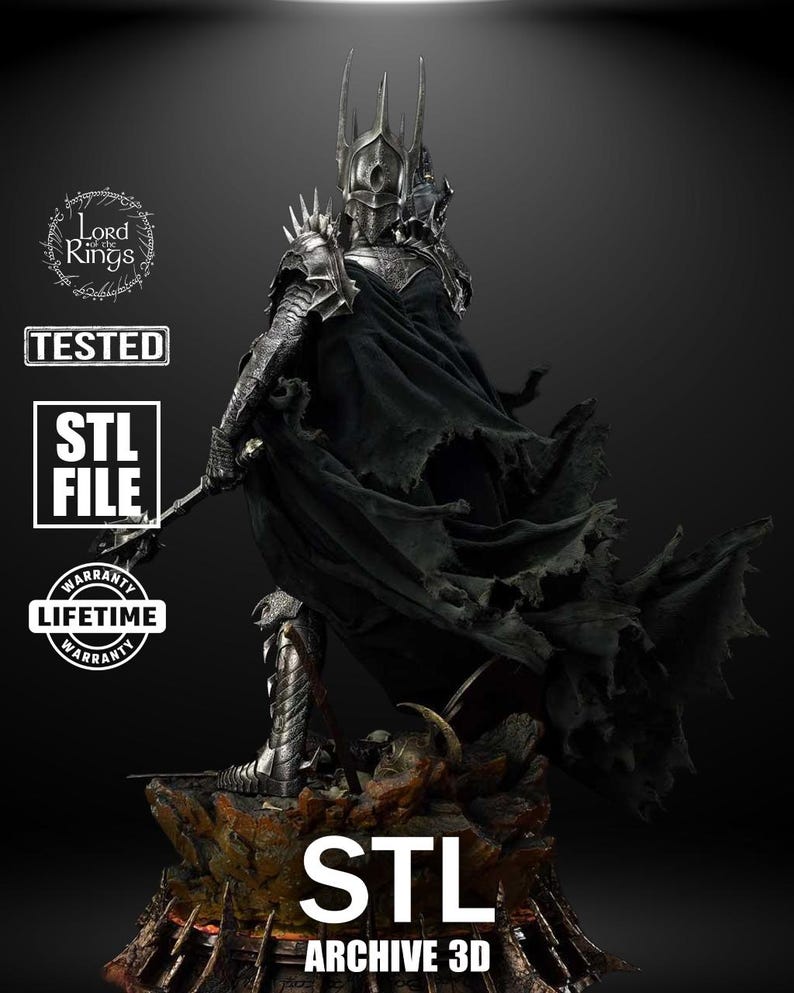 A towering armored warlord with a spiked crown raises his gauntlet toward the sky. His cape flows over black iron armor. He stands atop a rocky base scattered with skulls and shattered weapons, evoking fear and power in a cinematic villainous pose.