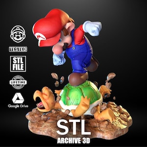 May include: A 3D-printed figurine of a classic video game character, wearing a red cap, blue overalls, and a red shirt, standing on a green turtle shell. The base is a brown, rocky terrain. The text "STL ARCHIVE 3D" is visible.