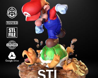 May include: A 3D-printed figurine of a classic video game character, wearing a red cap, blue overalls, and a red shirt, standing on a green turtle shell. The base is a brown, rocky terrain. The text "STL ARCHIVE 3D" is visible.