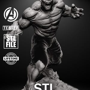 A massive, muscle-bound figure stands barefoot on a crumbled base, roaring in anger. His fists are clenched, face contorted in rage, and every muscle bulges with power. Torn pants and detailed anatomy capture the unstoppable force of the Hulk.