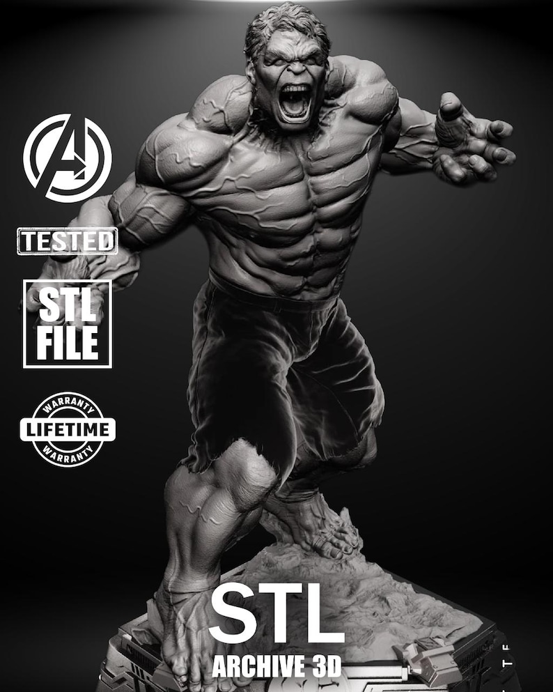 A massive, muscle-bound figure stands barefoot on a crumbled base, roaring in anger. His fists are clenched, face contorted in rage, and every muscle bulges with power. Torn pants and detailed anatomy capture the unstoppable force of the Hulk.