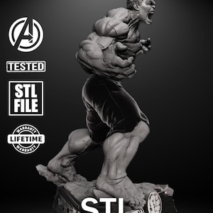 A massive, muscle-bound figure stands barefoot on a crumbled base, roaring in anger. His fists are clenched, face contorted in rage, and every muscle bulges with power. Torn pants and detailed anatomy capture the unstoppable force of the Hulk.