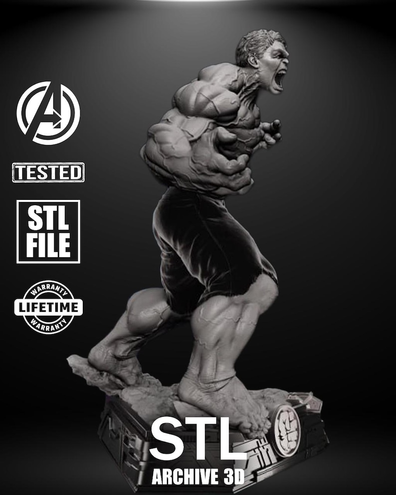 A massive, muscle-bound figure stands barefoot on a crumbled base, roaring in anger. His fists are clenched, face contorted in rage, and every muscle bulges with power. Torn pants and detailed anatomy capture the unstoppable force of the Hulk.