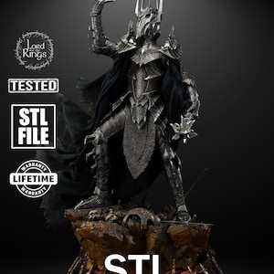 A towering armored warlord with a spiked crown raises his gauntlet toward the sky. His cape flows over black iron armor. He stands atop a rocky base scattered with skulls and shattered weapons, evoking fear and power in a cinematic villainous pose.