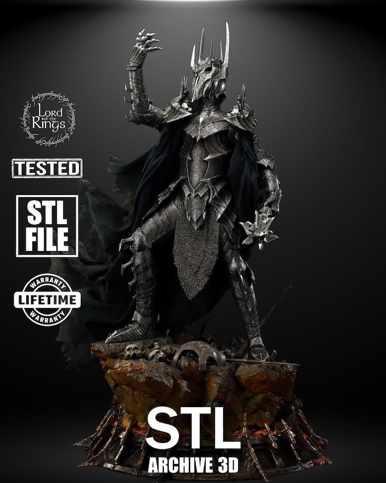 A towering armored warlord with a spiked crown raises his gauntlet toward the sky. His cape flows over black iron armor. He stands atop a rocky base scattered with skulls and shattered weapons, evoking fear and power in a cinematic villainous pose.