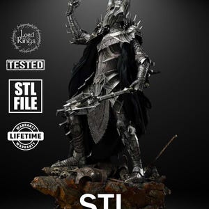 A towering armored warlord with a spiked crown raises his gauntlet toward the sky. His cape flows over black iron armor. He stands atop a rocky base scattered with skulls and shattered weapons, evoking fear and power in a cinematic villainous pose.