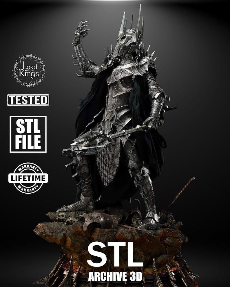 A towering armored warlord with a spiked crown raises his gauntlet toward the sky. His cape flows over black iron armor. He stands atop a rocky base scattered with skulls and shattered weapons, evoking fear and power in a cinematic villainous pose.