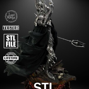 A towering armored warlord with a spiked crown raises his gauntlet toward the sky. His cape flows over black iron armor. He stands atop a rocky base scattered with skulls and shattered weapons, evoking fear and power in a cinematic villainous pose.