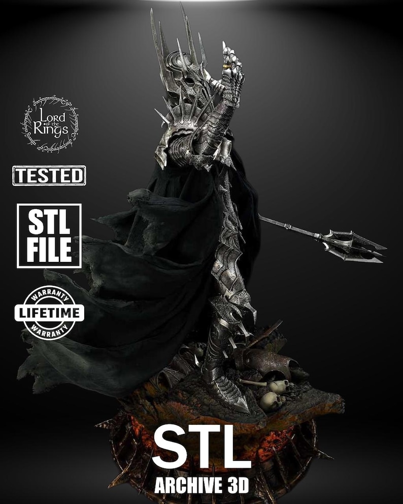 A towering armored warlord with a spiked crown raises his gauntlet toward the sky. His cape flows over black iron armor. He stands atop a rocky base scattered with skulls and shattered weapons, evoking fear and power in a cinematic villainous pose.
