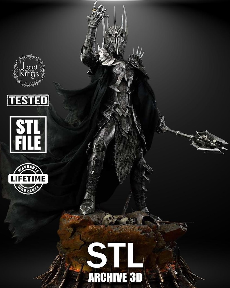 A towering armored warlord with a spiked crown raises his gauntlet toward the sky. His cape flows over black iron armor. He stands atop a rocky base scattered with skulls and shattered weapons, evoking fear and power in a cinematic villainous pose.