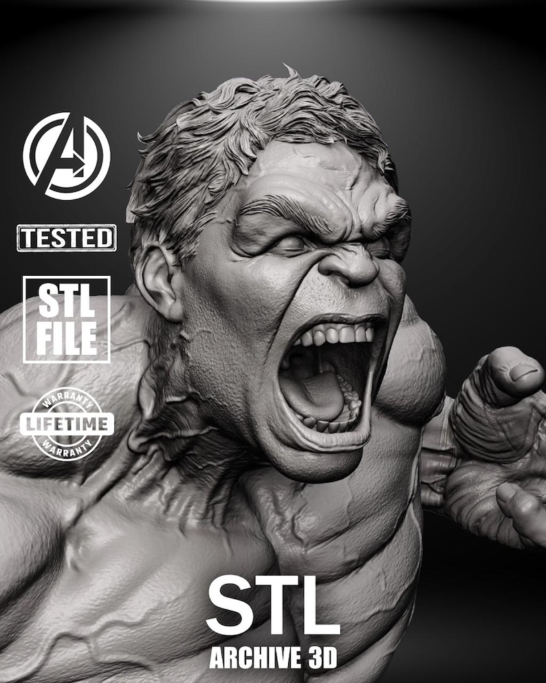 A massive, muscle-bound figure stands barefoot on a crumbled base, roaring in anger. His fists are clenched, face contorted in rage, and every muscle bulges with power. Torn pants and detailed anatomy capture the unstoppable force of the Hulk.