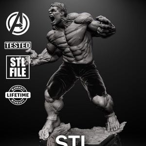 A massive, muscle-bound figure stands barefoot on a crumbled base, roaring in anger. His fists are clenched, face contorted in rage, and every muscle bulges with power. Torn pants and detailed anatomy capture the unstoppable force of the Hulk.