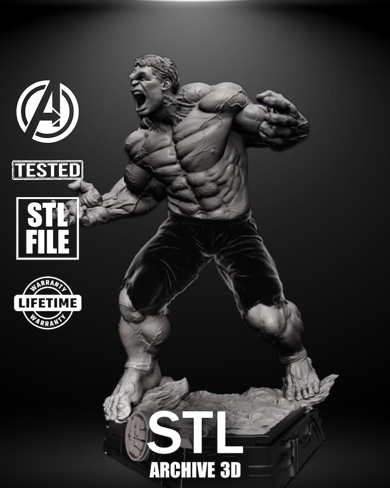 A massive, muscle-bound figure stands barefoot on a crumbled base, roaring in anger. His fists are clenched, face contorted in rage, and every muscle bulges with power. Torn pants and detailed anatomy capture the unstoppable force of the Hulk.