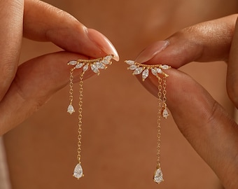 Dainty Diamond Dangle Drop Earrings, CZ Diamond Tassel Earrings, Sterling Silver Earrings, Wedding Jewelry, Bridesmaid Gifts,Christmas Gifts