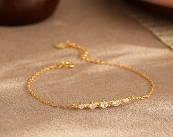 Minimalist Diamond Bracelet, Dainty 925 Sterling Silver Diamond Bar Bracelet, Daily Gold Bracelet for Women, Bridesmaid Gift, Christmas Gift