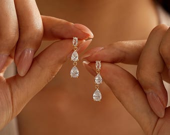 Sterling Silver Dangle Diamond Earrings, Triple Diamond Drop Earrings, Gold Earrings, Bridesmaid Gift, Wedding Earrings, Wedding Jewelry
