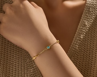 Cross Bracelet with Birthstone, Dainty Gold Cross Bracelet, Tiny Cross Bracelet, Confirmation Gift, Baptism Gift, Christmas Gift For Her