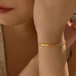 Cross Bracelet with Birthstone,Dainty Gold Cross Bracelet, Tiny Cross Bracelet, Confirmation Gift, Baptism Gift, Christmas Gift For Her