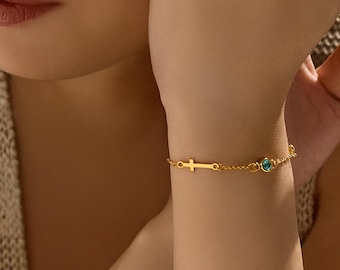 Cross Bracelet with Birthstone,Dainty Gold Cross Bracelet, Tiny Cross Bracelet, Confirmation Gift, Baptism Gift, Christmas Gift For Her