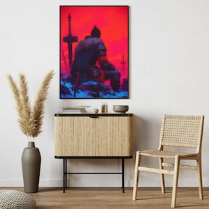 Lámina artística de fantasía oscura neón "Caballero Caído" | Póster de guerrero rojo cian | Decoración de pared de caballero derrotado | Lámina de fantasía vibrante | Descarga digital