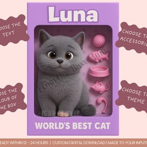 Personalised Cartoon Cat Portrait | Custom Digital Pet Art | Funny Pixar Style Cat Drawing | Cat Lover Gift | Cat in Toy Box Illustration