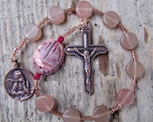 Pocket Rosary from glass and Leopard Jasper catholic, copper